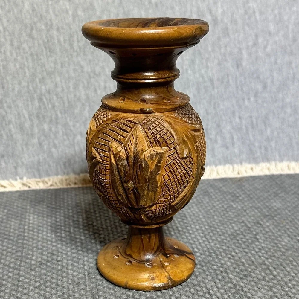 Vtg Hand Carved Boho Olive Wood Bud Vase Holy Land Gazelle Deer Animal Relief 6